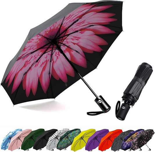 SIEPASA Compact Travel Umbrella - Windproof Auto Open/Close, Lightweight Folding Umbrella wIth Fiberglass Frame & Waterproof Canopy. Fits Backpack/Purse. (Pink Daisies)