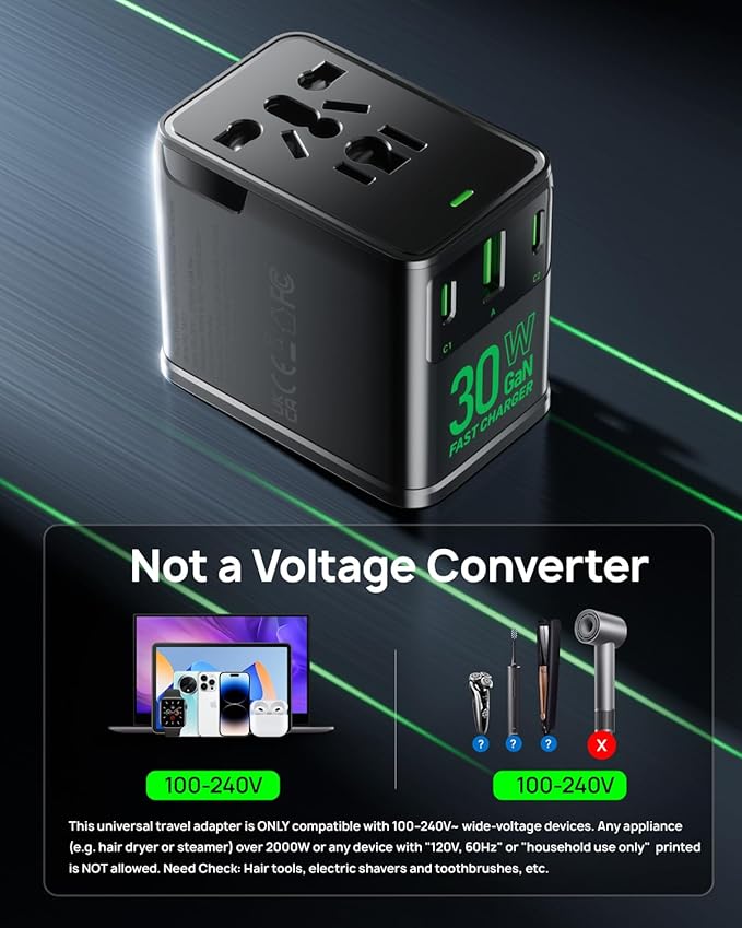 Tiny Universal Travel Adapter, 30W GaN Fast Charging International Power Adapter with 4 Ports (1 AC, 1 USB-A, and 2 USB-C), Plug Adapter with Smart Chip for Over 200 Countries, PD&QC Charger