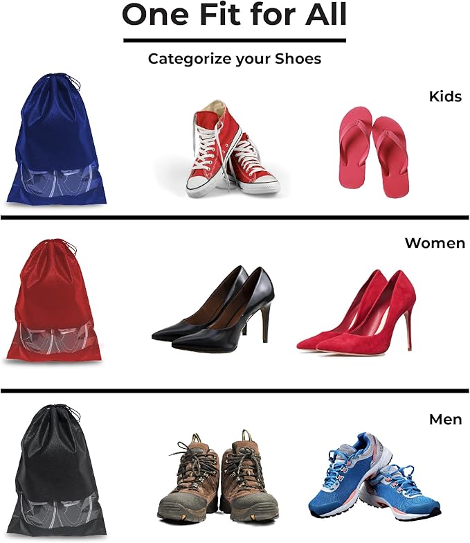 Shoe Bags for Travel, Packing, Storage, Organizing & Suitcase (12 Pack). Reusable Dustproof & Water Resistant Sneakers Pouch Protectors with Clear Window & Drawstrings. (Pink, Azure Blue, Black)