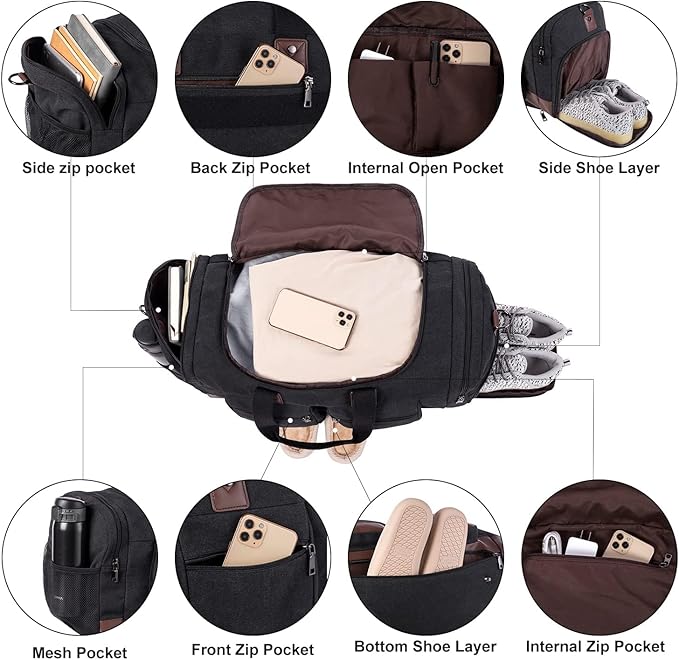 Leather Travel Bag with Shoe Pouch,Weekender Overnight Bag Waterproof Leather Large Carry On Bag Travel Tote Duffel Bag for Men or Women-Dark Grey