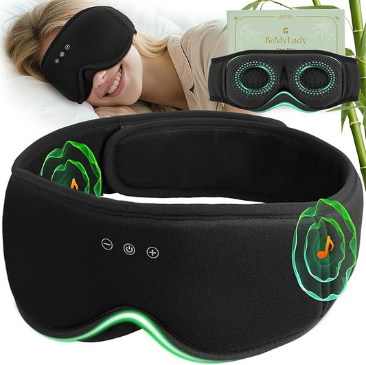 3D Bamboo Cotton Sleep Mask with Bluetooth 5.4 Headphone, Music Wireless Bluetooth Blackout Eye Mask for Side Sleepers, Earphones HD Speaker Microphone for Travel, Gifts for Women Men, Black