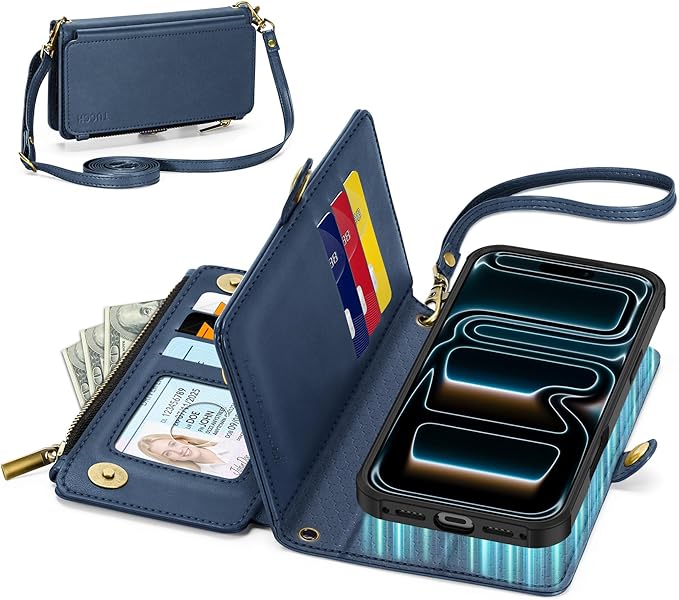 TUCCH Crossbody Detachable Wallet Case for iPhone 17 Pro 6.3" 2025, 9 Card Holders RFID Blocking, Wireless Charging, Stand, Wrist Strap, Lanyard, Zipper Pocket, PU Leather Shockproof Cover, Dark Blue