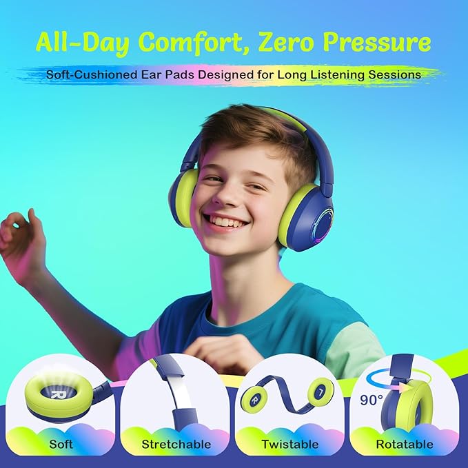 Noise Cancelling Headphones for Kids,Colorful RGB LED Lights, 60H Playtime, Bluetooth 5.4 Wireless Over-Ear Headset Built-in Microphone for Home/School/Party- Includes Portable Case (Blue)