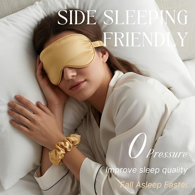 Silk Satin Sleeping Eye Mask, Gold Sleep Eye Mask Night Blindfold for Women and Men, Soft Breathable Blackout Eyeshade Eye Cover for Travel, Wedding Bridesmaid Gift