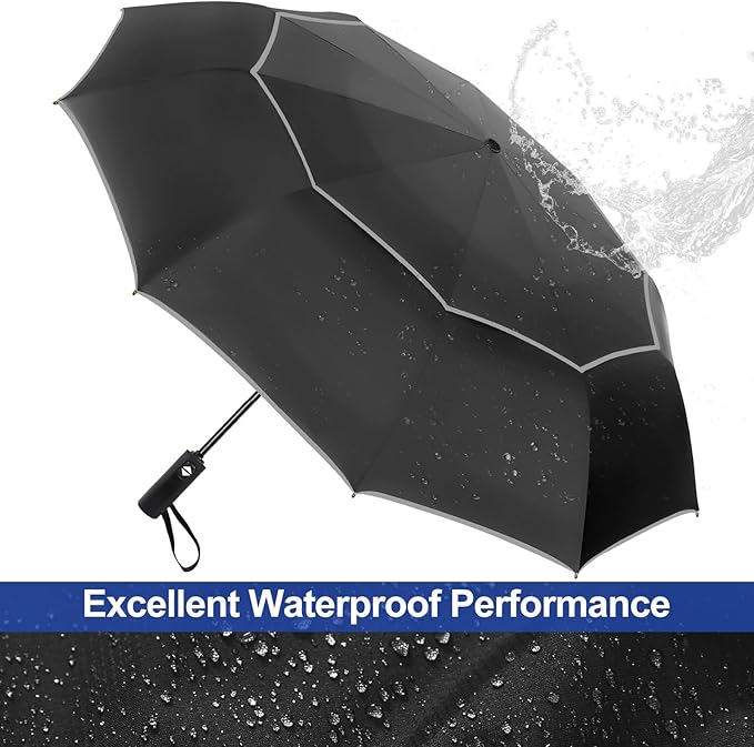 Satol Extra Large Golf Umbrella, 46/54/62 Inch Windproof 10 Ribs Vented Double Canopy Reflective Strips Automatic Open/Close Waterproof UV Protection Portable Compact Umbrella for Outdoor & Travel