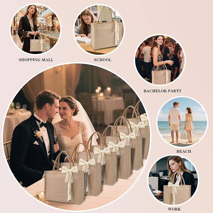 6pcs Burlap Tote Bag Set with Handles, Waterproof Reusable Blank Water Resistant Grocery Bags with Ribbon Large Jute Tote 15.35*6*12 Inch for Women Bridesmaid Gift Beach Shopping Wedding Travel DIY