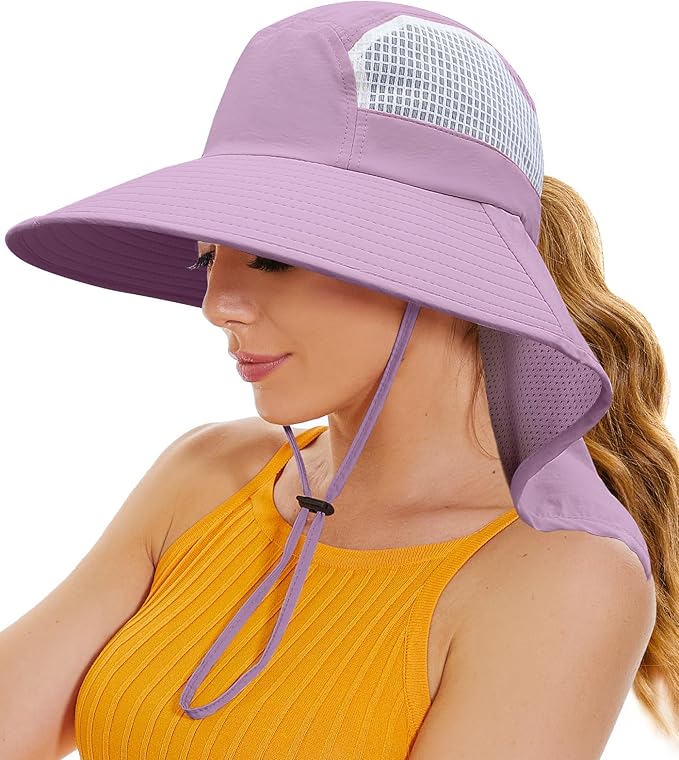 Sun Hats for Women UV Protection with Neck Flap Wide Brim Beach Hats with Ponytail Hole for Hiking Fishing Gardening Travel