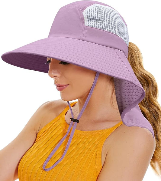 Sun Hats for Women UV Protection with Neck Flap Wide Brim Beach Hats with Ponytail Hole for Hiking Fishing Gardening Travel