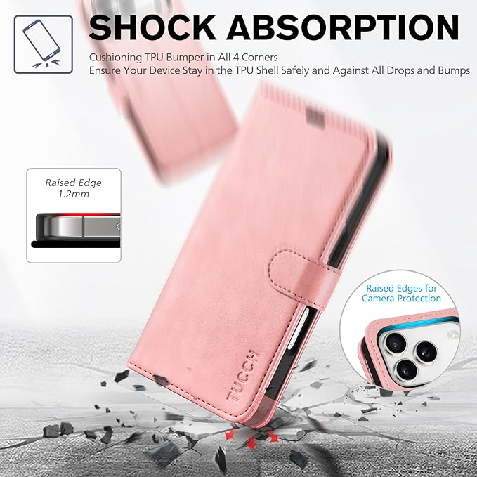 TUCCH Case Wallet for iPhone 17 Pro (6.3") 2025, Stand | RFID Blocking | 4 Card Holder | PU Leather | Magnetic Closure Folio Protective Cover | TPU Shockproof Inner Shell | Rose Gold