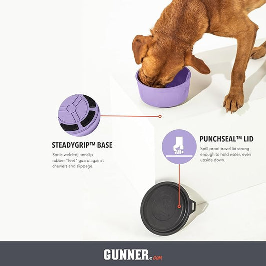 GUNNER Dog Bowl with Spill-Proof Travel Lid- K9 Companion Food & Water Bowl, Lightweight Rust-Proof & Shock Resistant Stackable, Leak Resistant Nesting Lid, (Lavender)