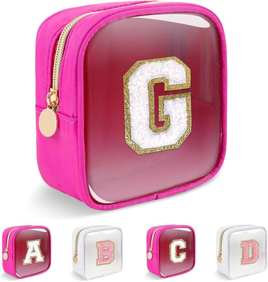 Personalized Initial Letter Clear Preppy Makeup Bag,Mini Nylon Chenille Letter Cosmetic Bag Cute Zipper Pouch Coin Purse for Teen Girls,Portable TSA Approved Travel Essentials Bag Gift for Women,G