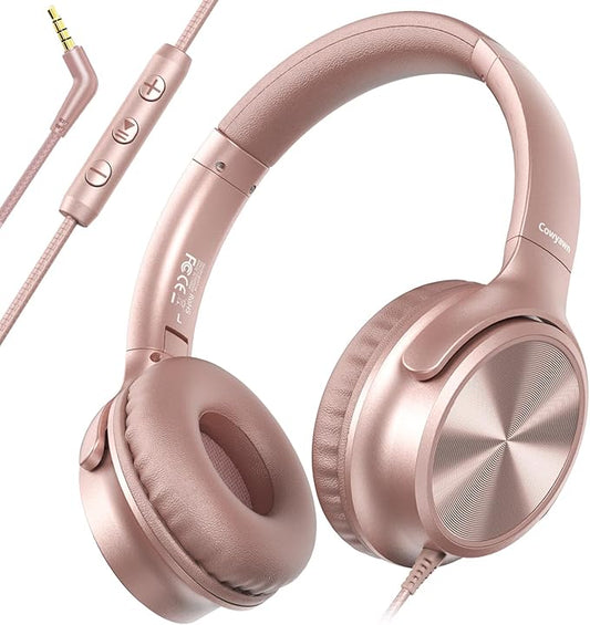 Over Ear Headphones Wired, Foldable 3.5mm Wired Headphones with Microphone, Volume Control, HD Stereo Sound, Lightweight Headphones for Adult/Teens/Chromebooks/Laptop/Computer/Tablets, Rose