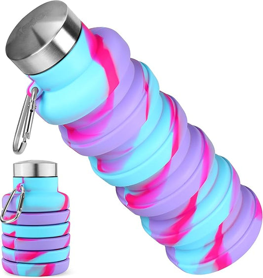 Collapsible Water Bottle, 16oz Portable Reusable Silicone Water Bottle, BPA-Free Leak-Proof Foldable Design with Carabiner, Lightweight Durable for Gym, Camping, Hiking, Sportsr-Tie-dye Purple