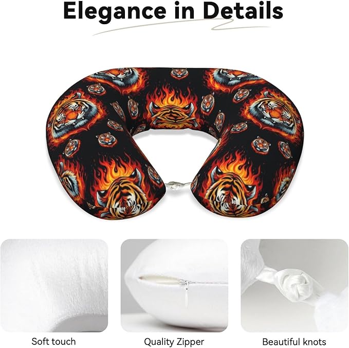 Travel Neck Pillows for Sleeping Rest Car Airplanes Wild and Angry Tiger Fire Flame King Roar Art, Memory Foam with Removable Breathable Zipper Cover Washable for Men Women