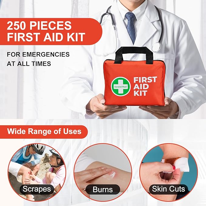 General Medi First Aid Kit, 250 Piece Small First Aid Kit - Includes Emergency Foil Blanket, Instant Cold Pack,Scissors for Travel, Home, Office, Vehicle, Camping, Workplace & Outdoor