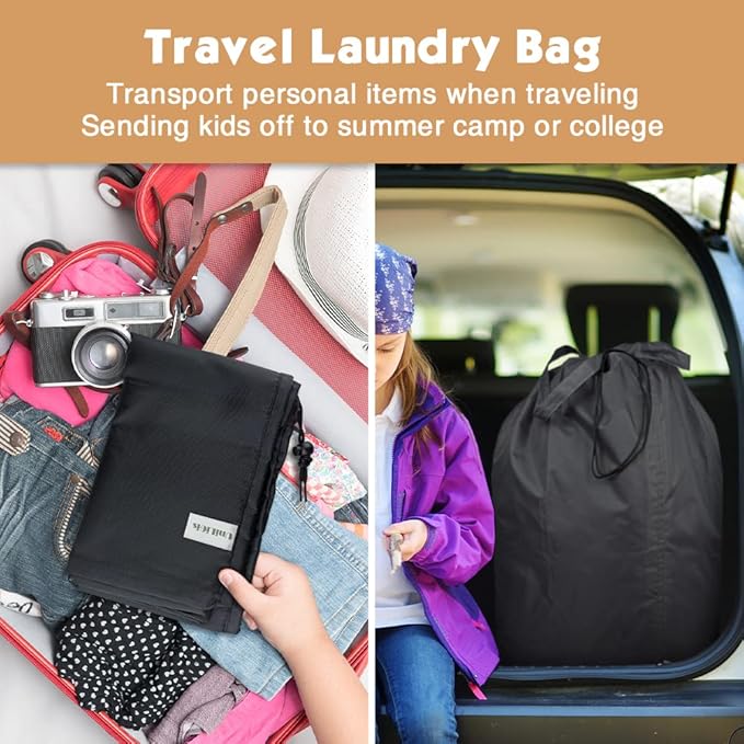 Washable Travel Laundry Bag with Handles and Drawstring (2 Pack), Heavy Duty Large Enough to Hold 3 Loads of Laundry, Fit a Laundry Basket or Clothes Hamper, 27.5x34.5 in,Black