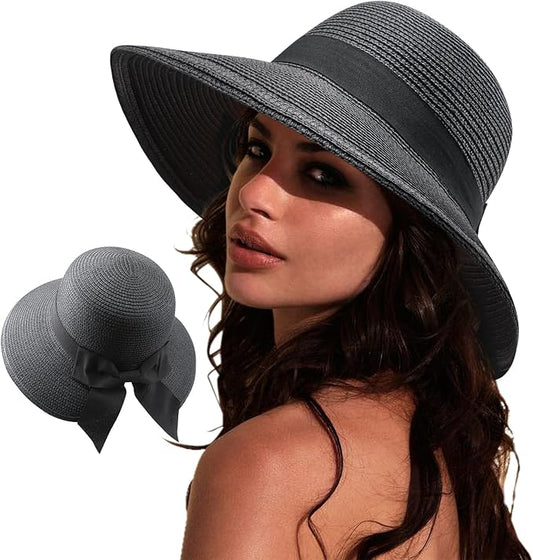 DRESHOW Sun Hats for Women Travel Fedora Foldable Beach Sun Hat Summer Wide Brim Straw Bucket Hat with Bowknot UPF 50+