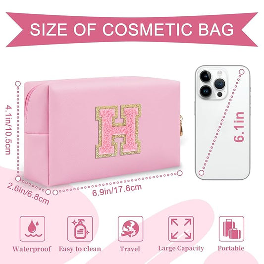 Personalized Initial A-Z Preppy Patch Makeup Bag,Small PU Leather Chenille Letter Cosmetic Bag with Zipper for Teen Girls,Pink Cute Travel Toiletry Bag,Birthday Monogrammed Gift for Daughter,Letter H