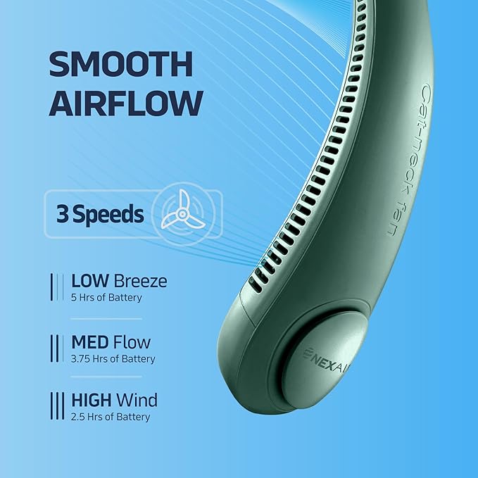 NEXAIR Portable Neck Fan - 3 Speed Rechargeable Bladeless Neck Fan, Adjustable Personal Green Neck Fan For Women & Men Modern Design, Great Cooling Fan For Travel, Outdoors & Sports