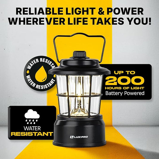 LUXPRO Retro LED Lantern - Battery-Powered Emergency Lantern - Water Resistant - Bright LED Lamp for Indoor & Outdoor Use - Use for Tents, Hiking or Hurricane Prep (Black, Pack of 1)