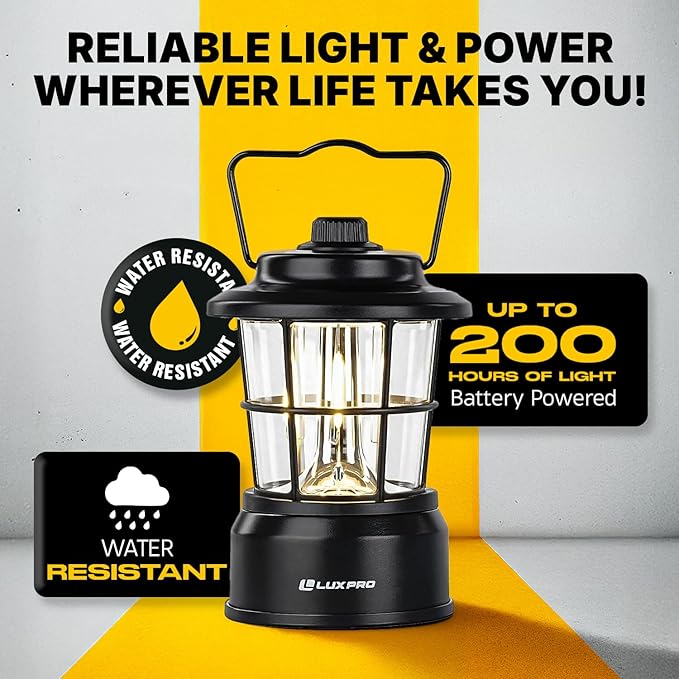 LUXPRO Retro LED Lantern - Battery-Powered Emergency Lantern - Water Resistant - Bright LED Lamp for Indoor & Outdoor Use - Use for Tents, Hiking or Hurricane Prep (Black, Pack of 2)