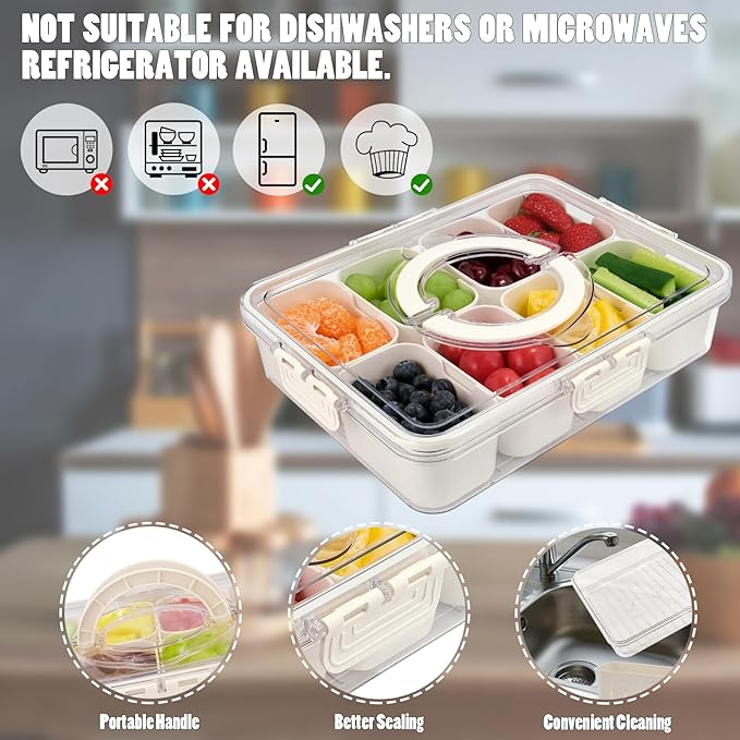 TAROSE Snackle Box Container, 8 Compartments Divided Serving Tray with Lid and Handle, Portable Snack Box Containers for Veggie Tray Charcuterie Boxes Fruit Storage Candy Organizer (8 Compartments)