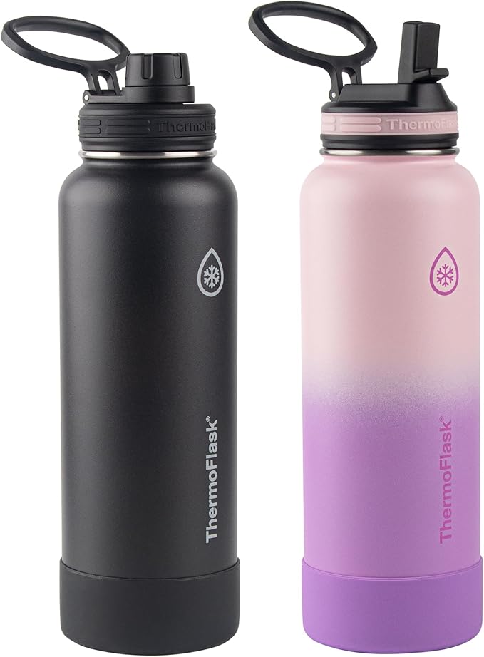 Thermoflask 40 oz Stainless Steel Insulated Water Bottles with Straw and Spout Lids, 2-pack, Black/Rose Purple