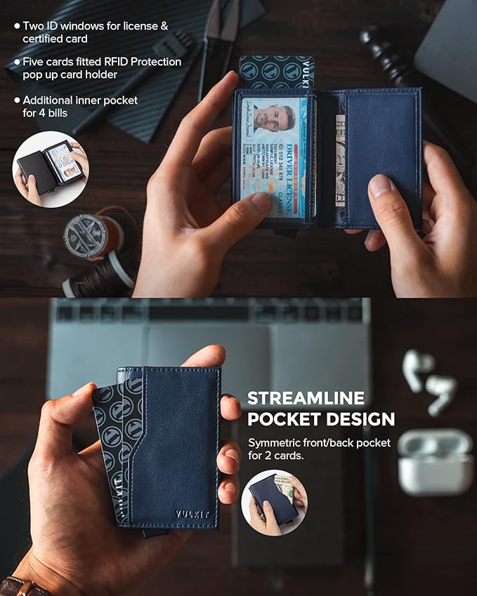 VULKIT Card Holder Wallet with Double ID Windows RFID Blocking Pop Up Wallet Minimalist Design for 12 Cards