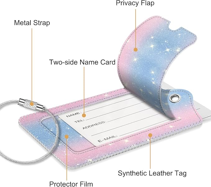 Fintie Luggage Tags, Privacy Cover ID Label with Stainless Steel Loop and Address Card for Travel Bag Suitcase - Pink/Blue (2 Piece)