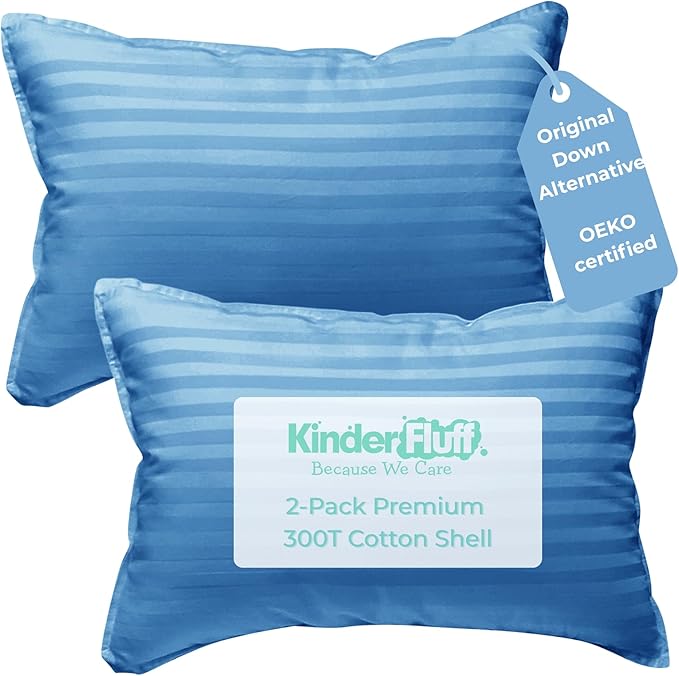 kinder Fluff Children Pillow (2-Pack) 13x18in– The Only 300TC Soft Cotton Pillow with Down Alternative Fill – Hypoallergenic, Machine Washable & Perfect for Kids 2+ Years- Blue- S
