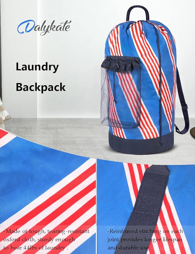 Dalykate Backpack Laundry Bag with Shoulder Straps and Mesh Pocket Durable Nylon Clothes Hamper Bag with Drawstring Closure for College, Travel, Laundromat, Apartment