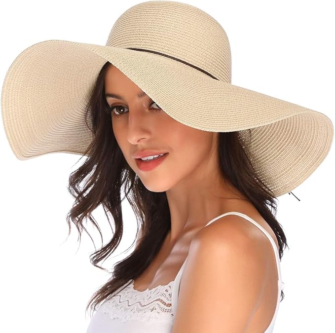 Lanzom Womens Wide Brim Straw Hat Big Floppy Foldable Roll up Cap Beach Sun Hat UPF 50+