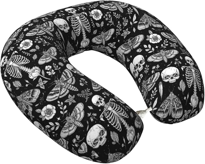 Breathable Neck Pillow for Sleeping Rest Nap Goth Skull Head Board Witch Black Art, Airplanes/Car/Home Memory Foam Travel Cushion with Polyester Cover Washable for Women Men