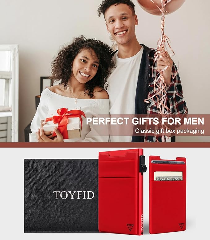 Minimalist Metal wallet,RFID Blocking Smart Pop Up Card Wallet 6-12 Cards Holder Slim Compact Front Pocket Wallets with Elastic Coin Pocket for Men and Women,Red