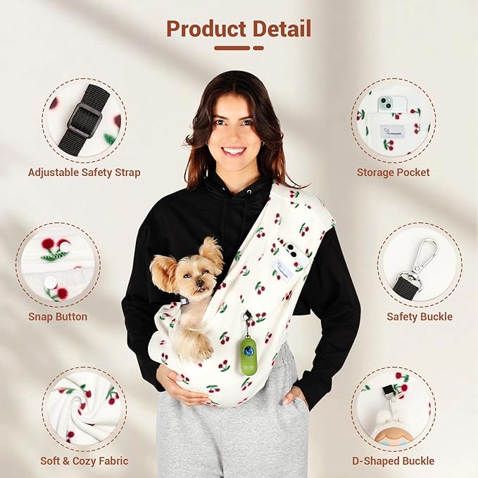 Dog Carrier Sling,Indoor Comfort Adjustable Cat Sling Carrier,with Front Pocket and Seat Belt Dog Carriers for Small Dogs Machine Washable,Suitable for Family Outdoor Use (Large, Cherry)