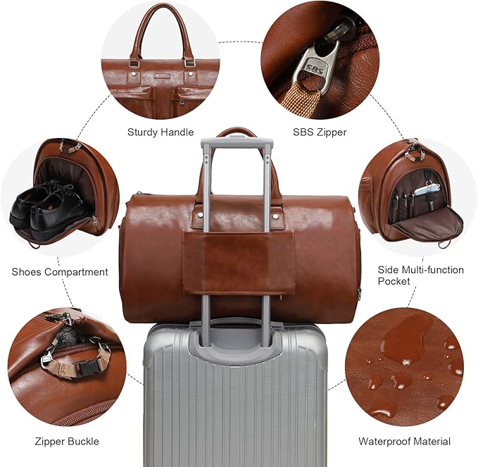 Leather Garment Bag for Travel, Modoker Carry On Suit Carrier Travel Bag with Shoulder Strap/Multiple Pockets - Ideal for Business Trips & Weekend Getaways - The Garment Duffel Bag for Traveling Men