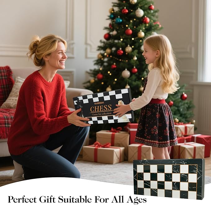15" Large Chess Set for Adults with Extra 2 Queens, Weighted Acrylic Pieces-3.5" King w/Leather Base, Portable Folding Marbling Wooden Chess Board - Travel/Family Game & Elegant Gift