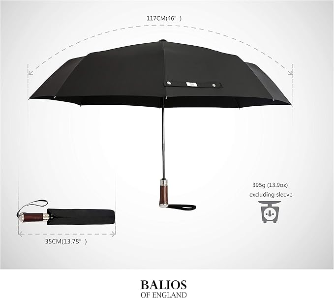 Balios (Designed in UK) Travel Umbrella Luxurious Golden Hardwood Handle Auto Open & Close Windproof Frame Single Canopy Automatic Folding Umbrella Men's & Ladies