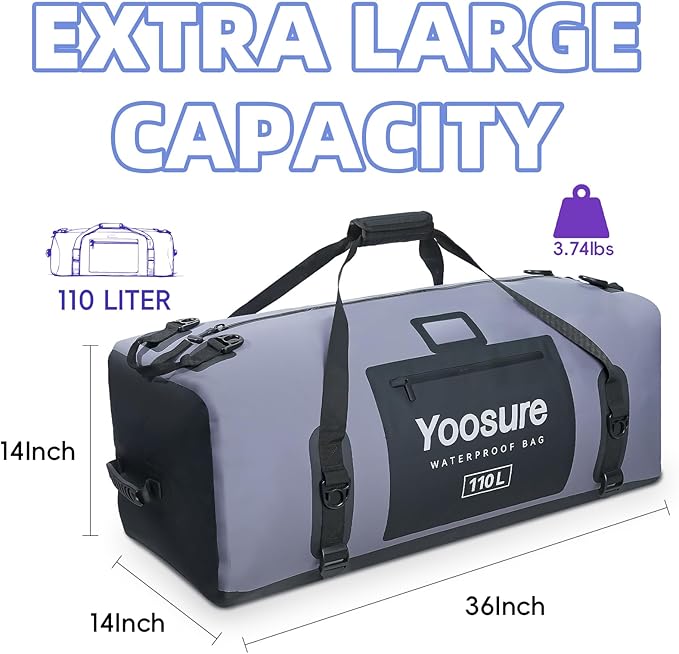 Waterproof Duffel Bag 110L- 700D PVC Dry Bag with Airtight Zipper, Large Dry Bag with Straps&Handles for Camping Boating Kayaking Rafting Canoeing Gym Beach Car Roof Storage (Grey)