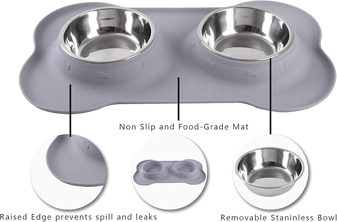 Hubulk Pet Dog Bowls 2 Stainless Steel Dog Bowl with No Spill Non-Skid Silicone Mat + Pet Food Scoop Water and Food Feeder Bowls for Feeding Small Medium Large Dogs Cats Puppies (Medium, Gray)