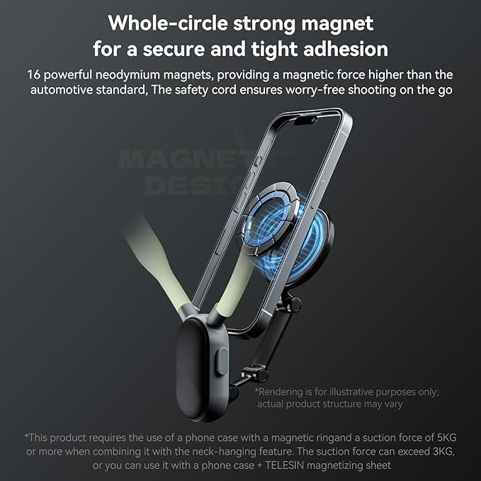 TELESIN° Magnetic Neck Mount for Phones, Cell Phone Holder Stand Hanging on Neck POV/Vlog Selfie Hand Free Necklace Phone Strap Video Recording for iPhone 16 15 14 13 12 Seires Android Phones (Green)