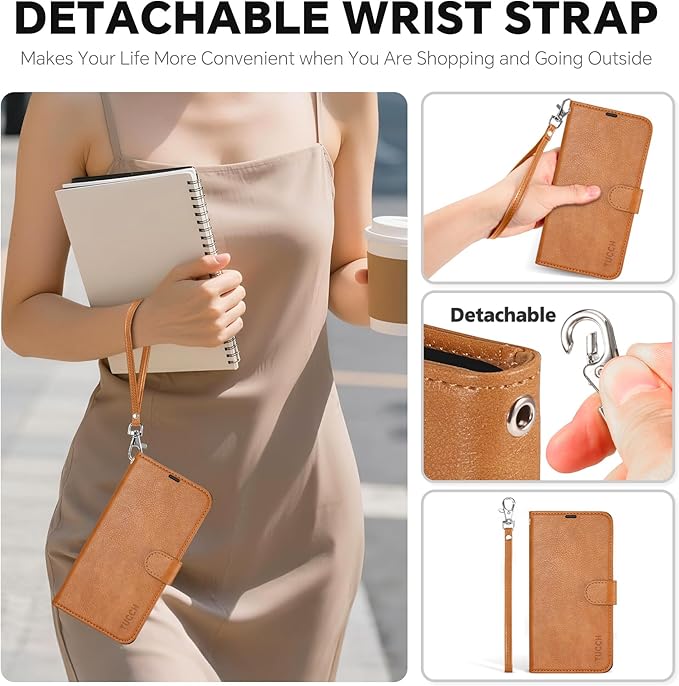 TUCCH Compatible with iPhone 17 Pro Max Detachable Wallet Case with 4 Card Holder, Wireless Charging PU Leather Flip Folio with RFID Blocking Stand Wrist Strap Shockproof Cover, Textured Light Brown