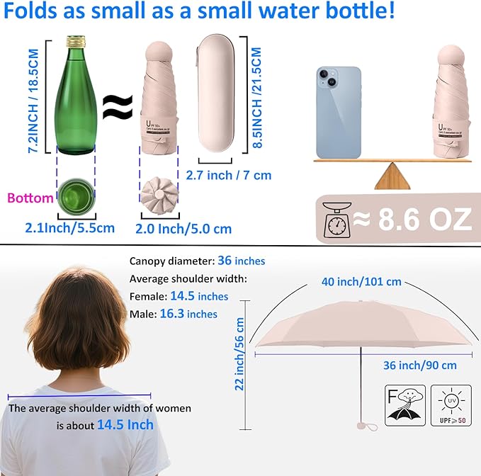 BAODINI Travel Essentials Mini Umbrella for Purse With Case Small Compact UV Sun Protection Lightweight Tiny Pocket Manual Open Close Umbrella for Women Kids and Men Fit Purse Backpack