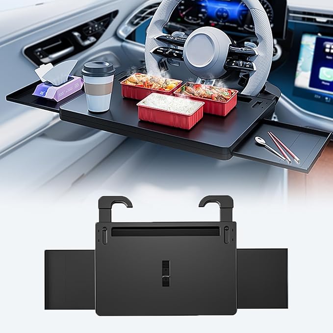 Steering Wheel Tray, Car Food Tray, Car Desk for Laptop, Multipurpose Car Table for Eating & Work, Adjustable Car Tray with Drawer and Anti-Slip Protective Adhesive