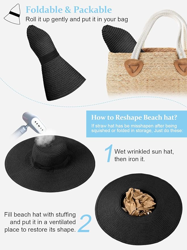 Senker Fashion Sun Hats for Women Oversize Wide Brim Straw Beach Hat Floppy Foldable Roll-Up Summer Vacation UPF 50+