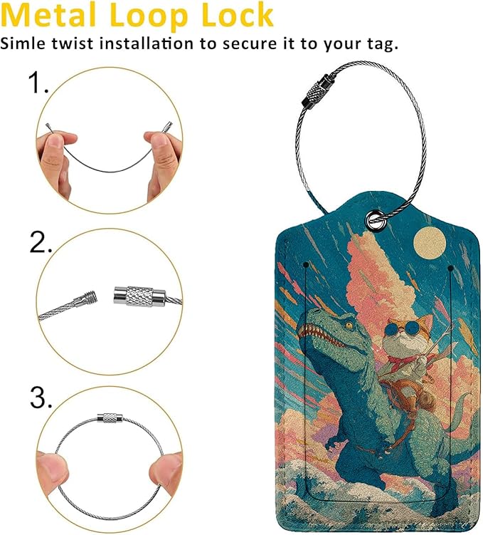 Cat Riding Dinosaur 3 Pack Luggage Tags, PU Leather Luggage Tags for Suitcase,Name ID Labels with Privacy Cover Suitcases and Metal Loop for Travel Bag Suitcase
