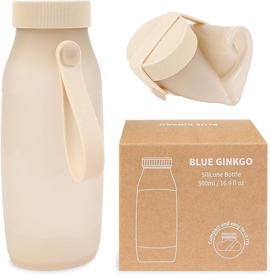 BLUE GINKGO Collapsible Water Bottle – Lightweight, Foldable Silicone Bottle for Travel, Hiking, and Camping (16.9oz, Made in Korea, Sand Beige)