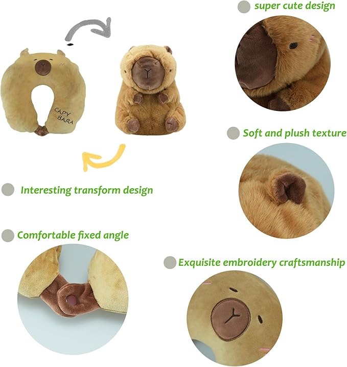 Travel Pillow for Kids & Adults Car Neck Pillow Memory Cotton U-Shaped Neck Pillow Soft Head Support Travel Accessories for Airplane Car Train Bus (Capybara)