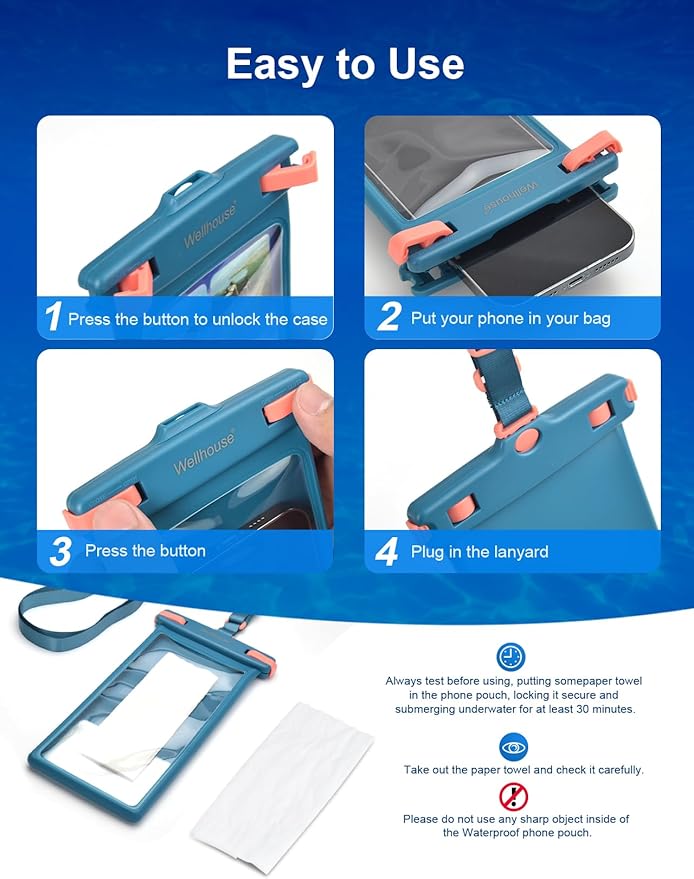 wellhouse Waterproof Phone Pouch, Waterproof Phone Case for iPhone 16 15 14 13 12 Pro Max XS Samsung, IPX8 3D Cellphone Dry Bag Beach Essentials (1 Pack - Blue8.0, 8 inch)