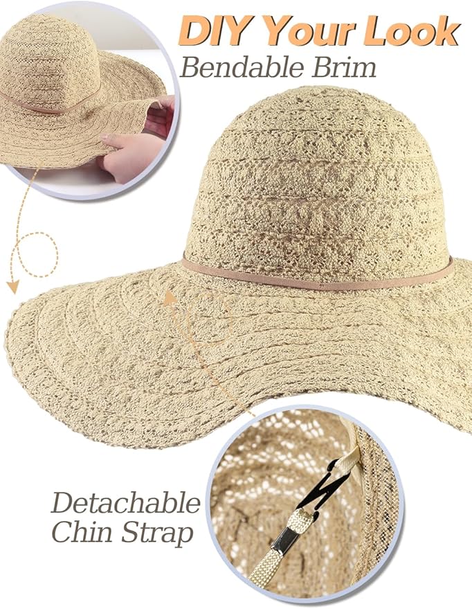 Sun Beach Hats for Women Summer Floppy Wide Brim Sunhat Packable Foldable Lace Travel Vacation